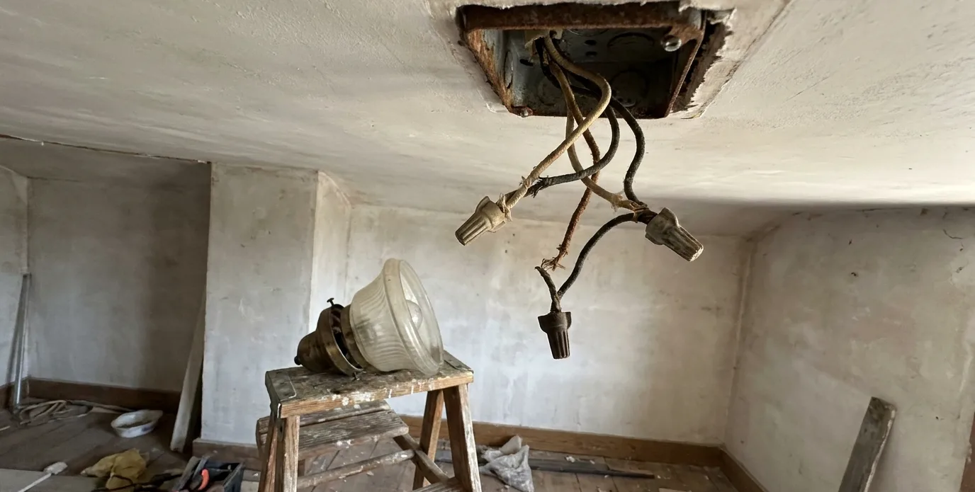 An open ceiling junction box