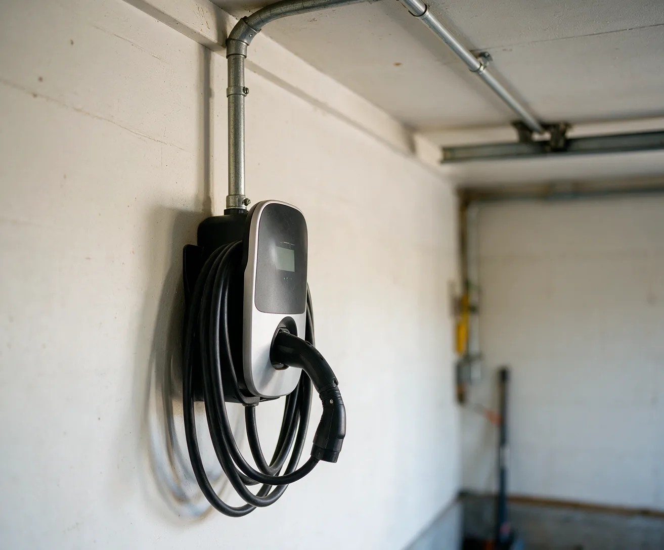A wall charger in a garage